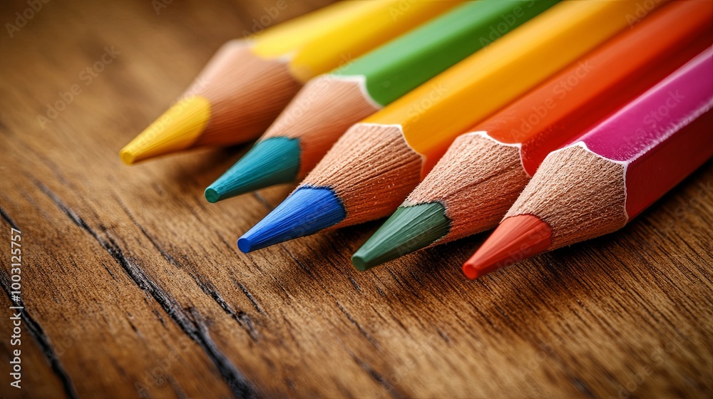 Closeup of Five Colorful Wooden Pencils on a Wooden Surface Closeup of Five Colorful Wooden Pencils on a Wooden Surface