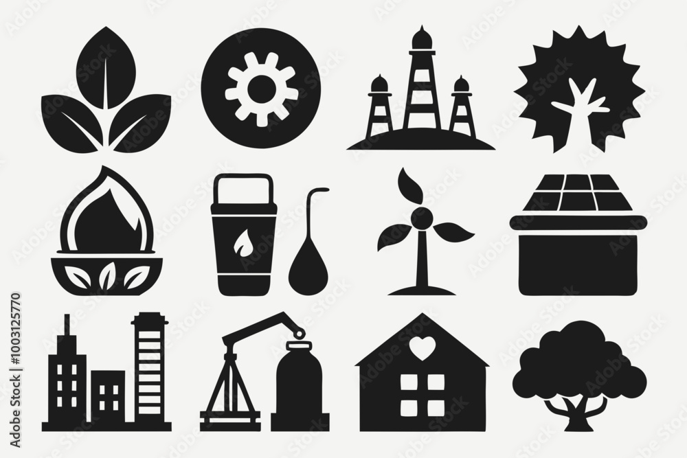 Naklejka premium A set of flat Environment Icon flat design style set silhouette black Vector art illustration