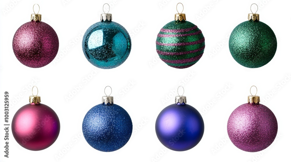 Isolated set of Christmas ornaments in various shapes and colors, shiny and glittering, on a white background, space for text Isolated set of Christmas ornaments in various shapes and colors, shiny and glittering, on a white background, space for text