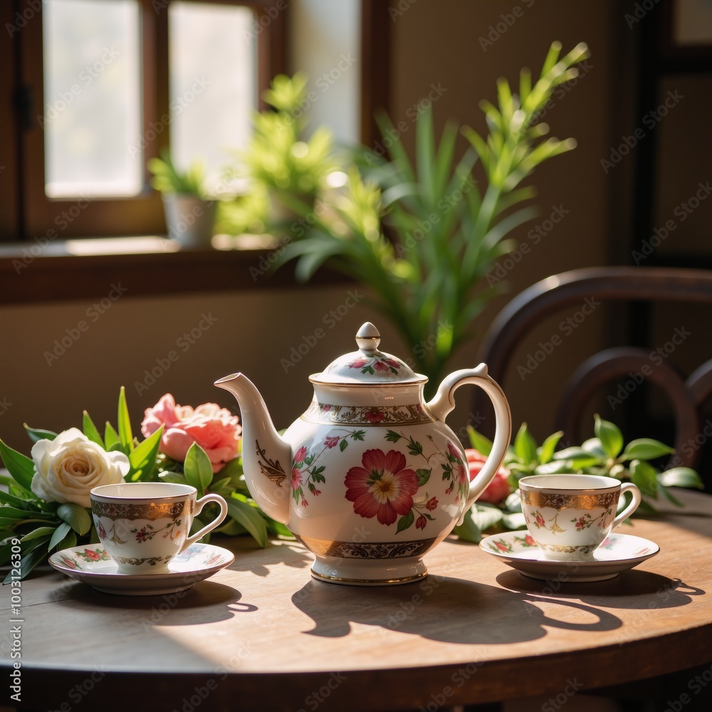 A traditional tea set sits atop a wooden table amidst sunlit flowers A traditional tea set sits atop a wooden table amidst sunlit flowers