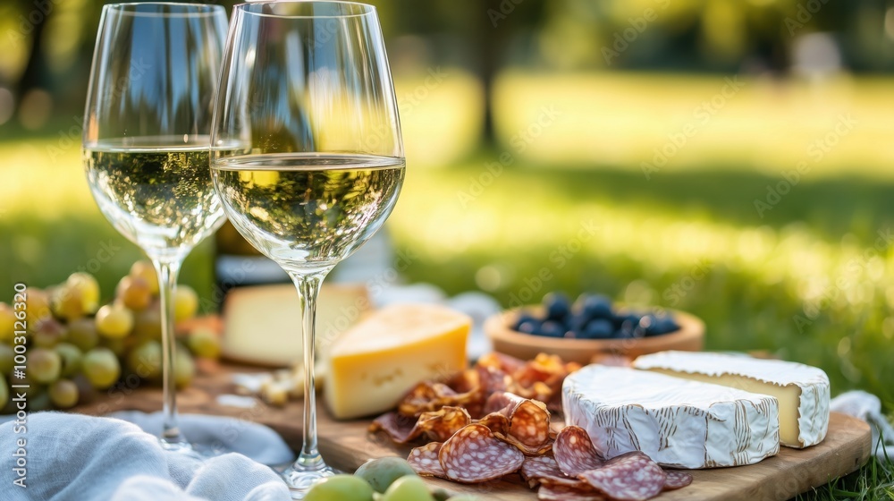 Picnic spread with wine, cheese, and charcuterie Picnic spread with wine, cheese, and charcuterie