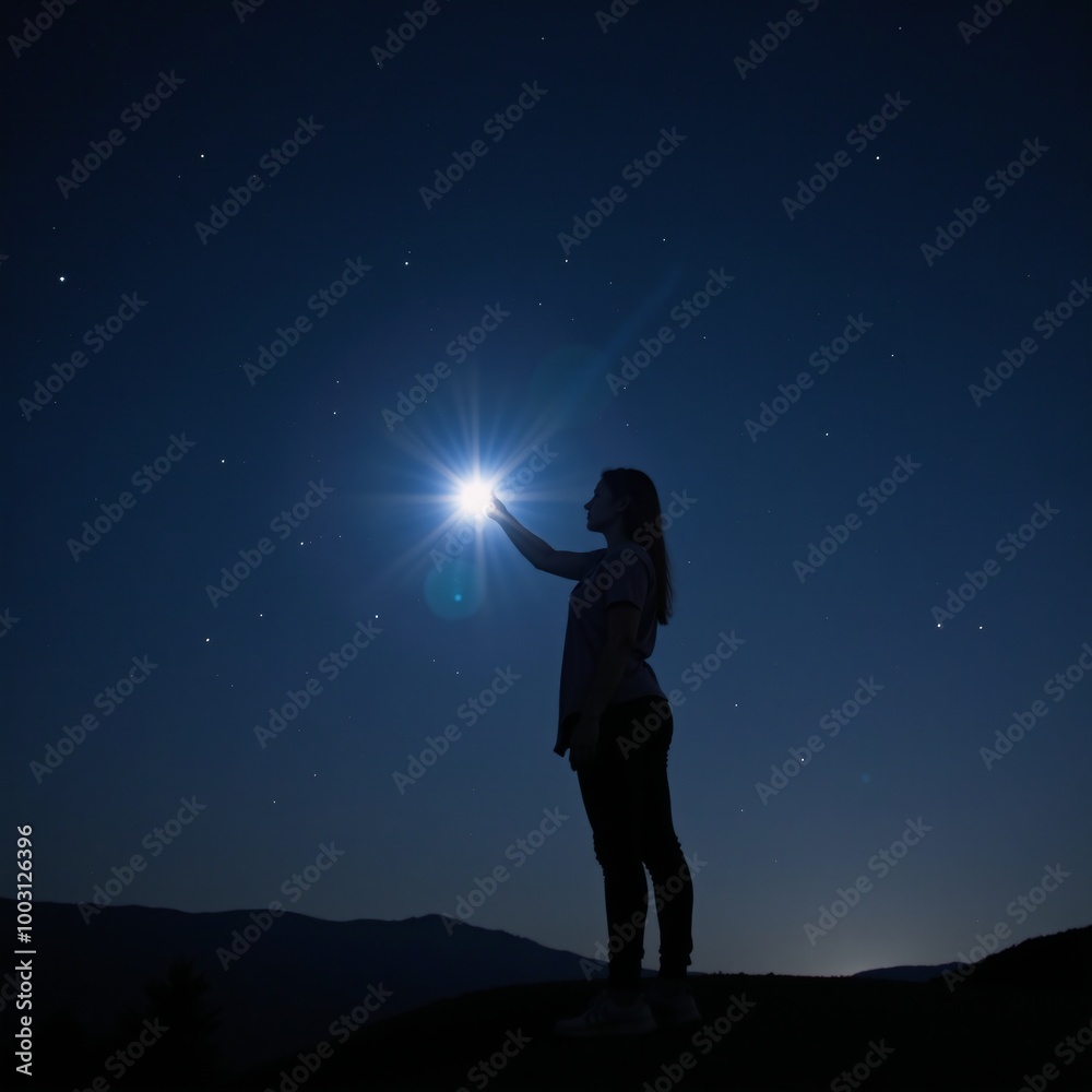 Fototapeta premium Figure stretches towards a distant star amidst the night sky symbolizing aspirations and chasing dreams