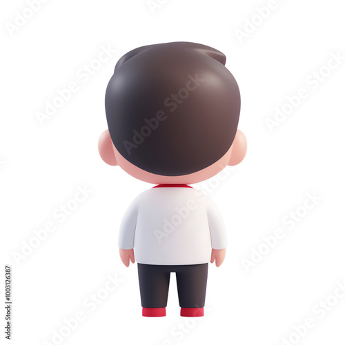 Cute cartoon character in a white shirt, back view, isolated on white background. transparent background