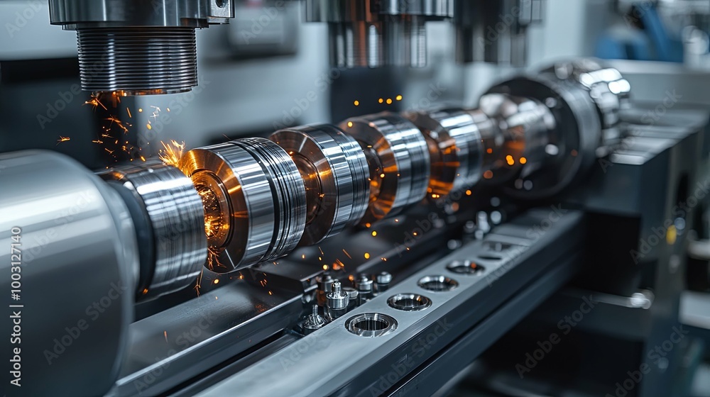 Close-up of a metal rod being machined with sparks flying