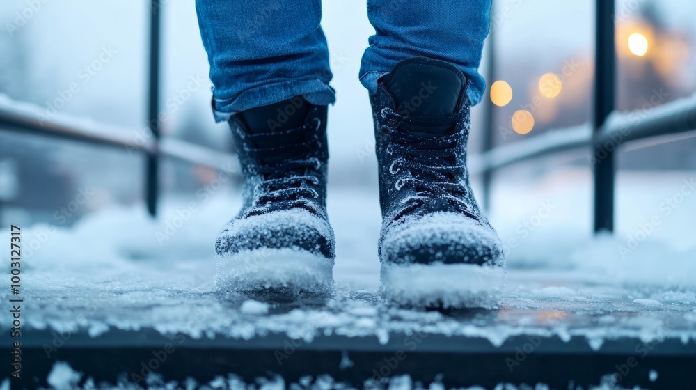 Person slipping on an icy sidewalk holding onto a railing winter safety ...