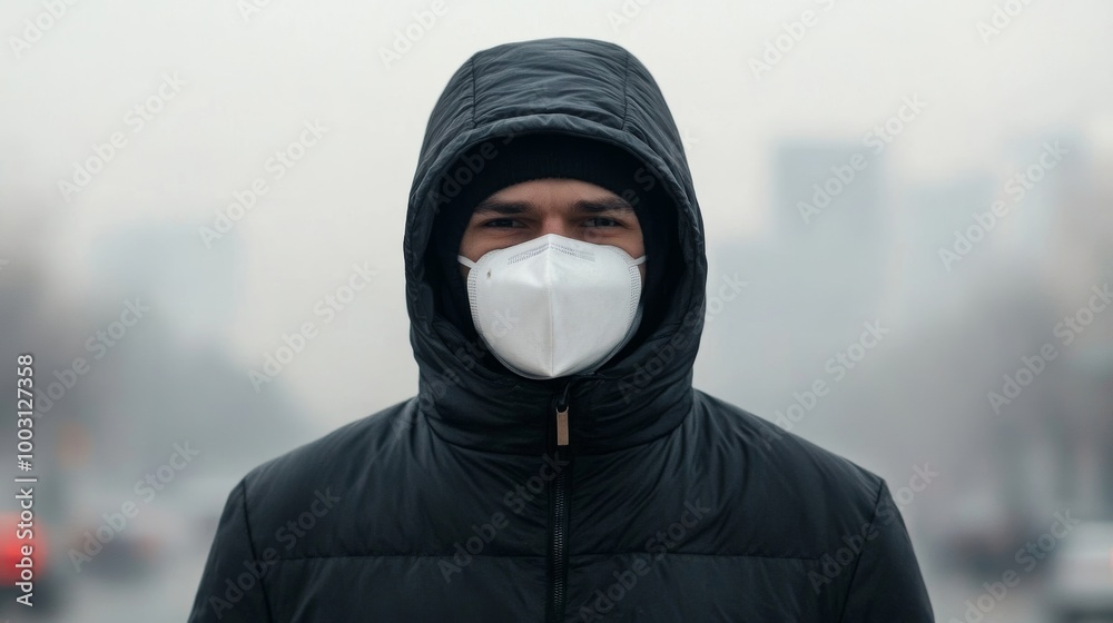 Person wearing a face mask walking through a smoggy street bad air quality scene Person wearing a face mask walking through a smoggy street bad air quality scene