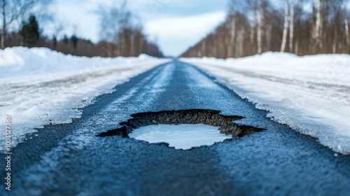 Potholes forming on a snowy road due to freeze-thaw cycles winter road problems  photo