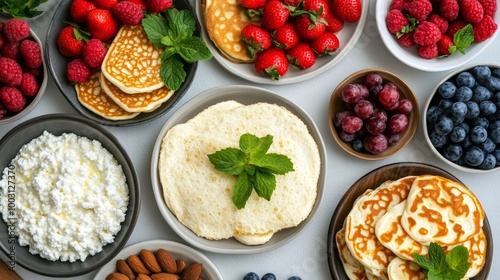 Plates filled with blintzes, fruit, and cottage cheese on a Yom Kippur break-fast table with family preparing to eat post-fast comfort food 