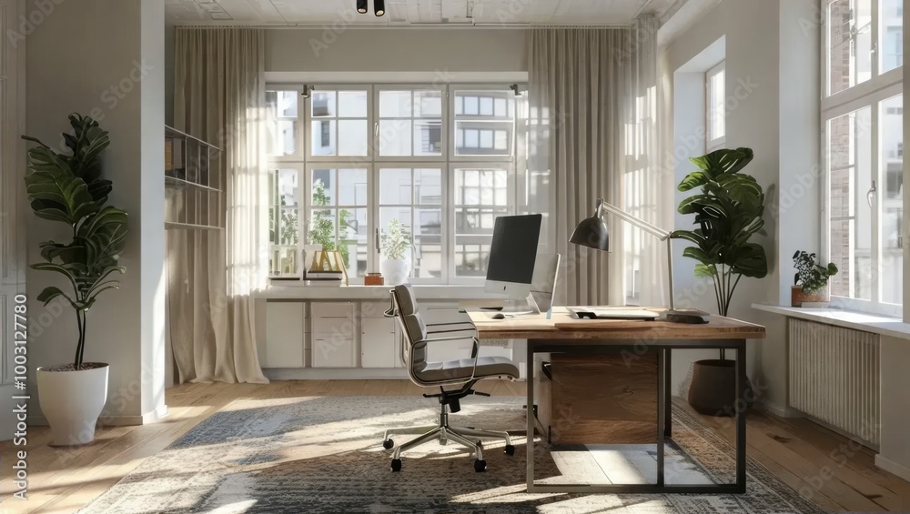 Modern Home Office with Natural Light and Greenery Modern Home Office with Natural Light and Greenery
