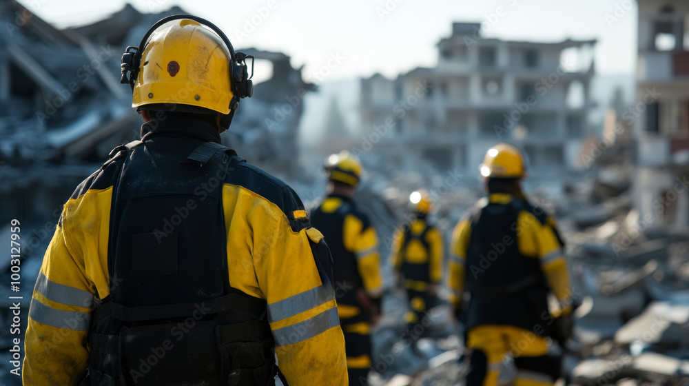 Rescue teams navigating through fallen debris and collapsed homes after a destructive earthquake search and recovery Rescue teams navigating through fallen debris and collapsed homes after a destructive earthquake search and recovery