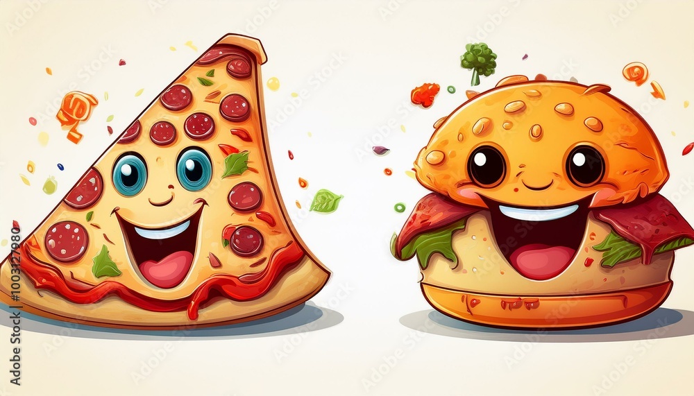 A series of cute food characters, like a happy slice of pizza and a smiling burger, with playful expressions and vibrant colors, perfect for children's content A series of cute food characters, like a happy slice of pizza and a smiling burger, with playful expressions and vibrant colors, perfect for children's content