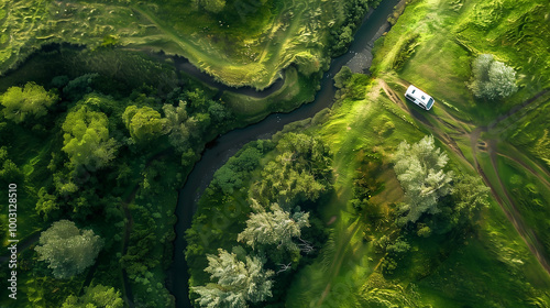 Aerial view of a grassy field with a small river running through it a camping car on the side photo