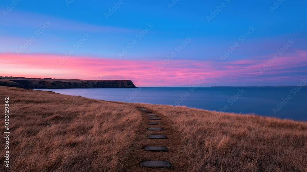 Obraz premium A trail of footsteps leading to a distant horizon, symbolizing life's journey and continuous effort