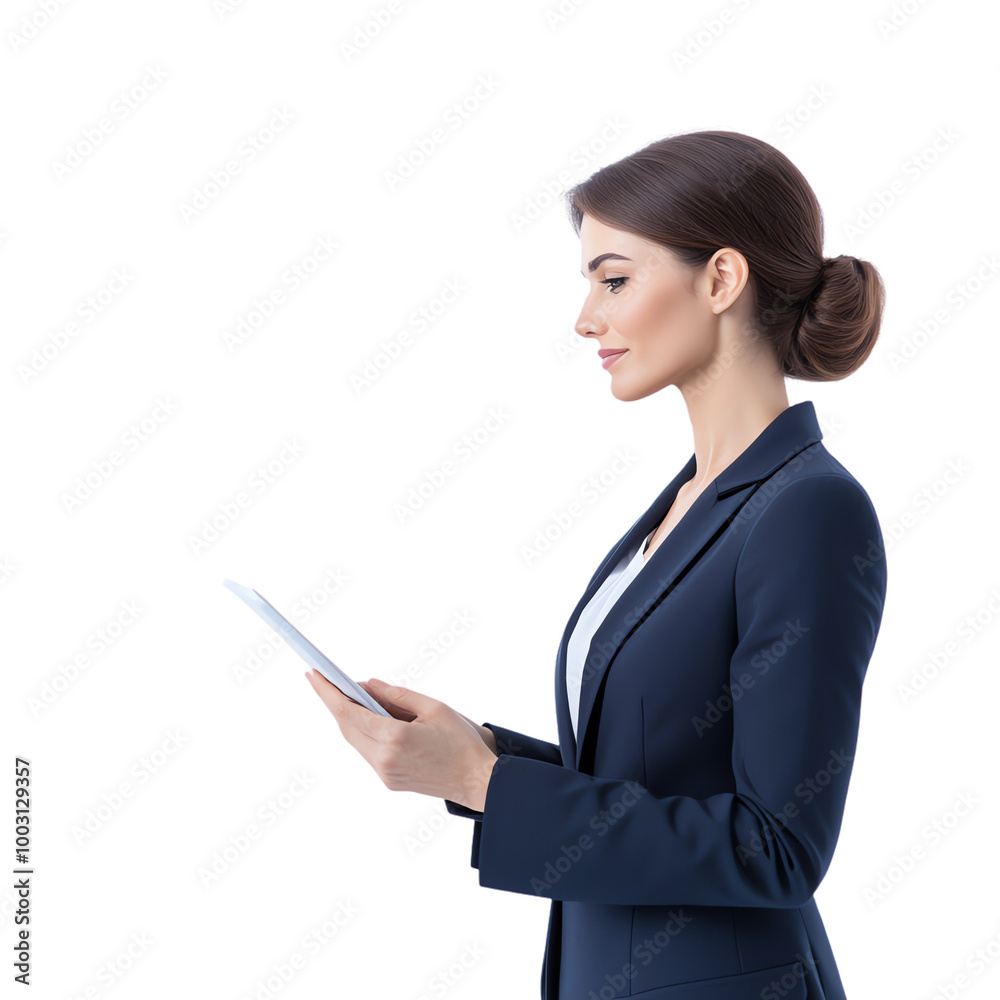 Professional woman in a suit, reading a digital tablet, white isolate background. transparent background Professional woman in a suit, reading a digital tablet, white isolate background. transparent background