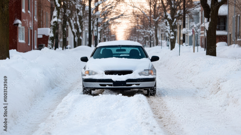 Snowed-in car on a residential street with no way to drive out winter inconveniences Snowed-in car on a residential street with no way to drive out winter inconveniences