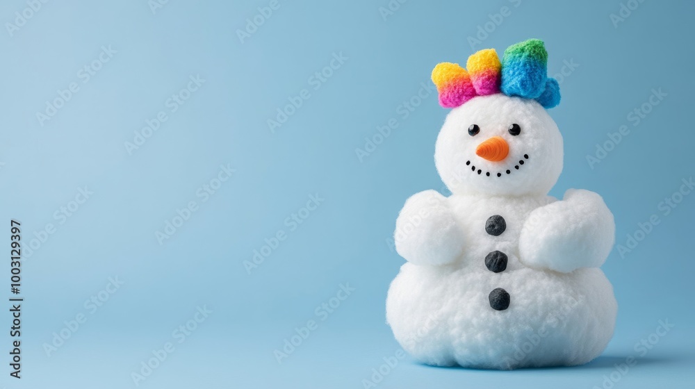 Snowman made of cloud-like fluff with rainbow-hued outline, isolated on sky blue gradient background Snowman made of cloud-like fluff with rainbow-hued outline, isolated on sky blue gradient background