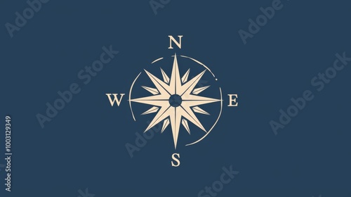 A simple navy blue compass rose featuring the letters 