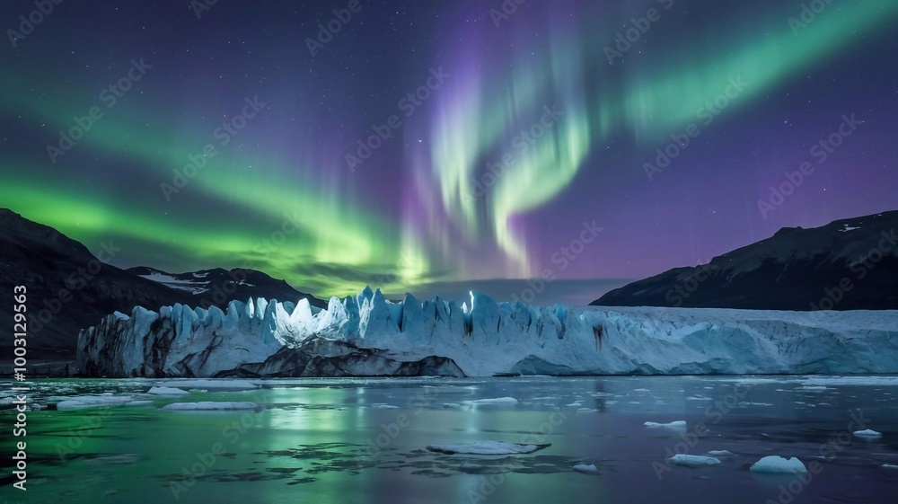 A dramatic depiction of the aurora borealis illuminating a glacier, creating a sense of awe and wonder. A dramatic depiction of the aurora borealis illuminating a glacier, creating a sense of awe and wonder.