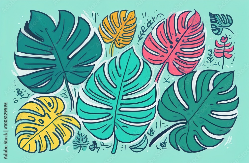 Monstera plant, multi-colored leaves on a green background Monstera plant, multi-colored leaves on a green background