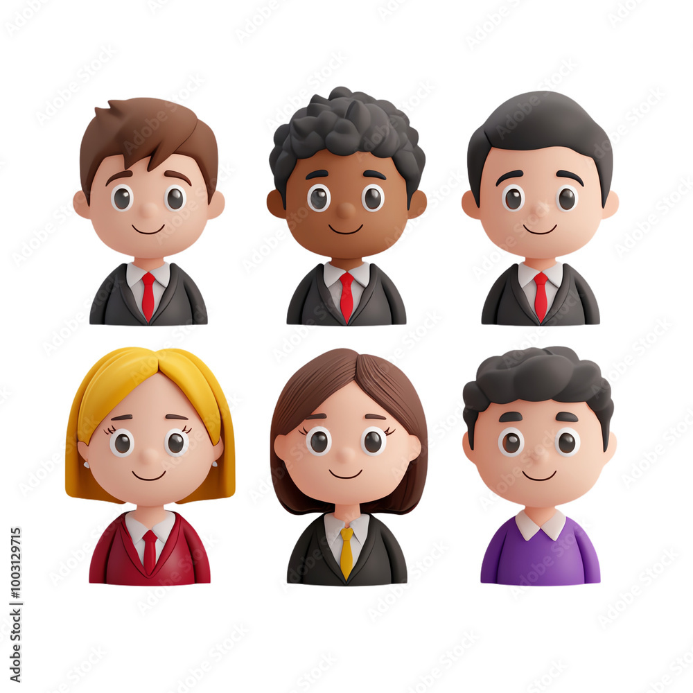 Six diverse cartoon characters in business suits with smiling faces. transparent background Six diverse cartoon characters in business suits with smiling faces. transparent background