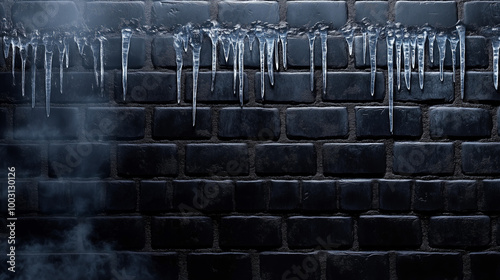 Frosted brick wall with ice, snow and fog, background