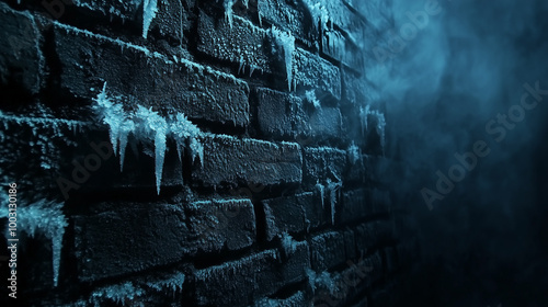 Frosted brick wall with ice, snow and fog, background