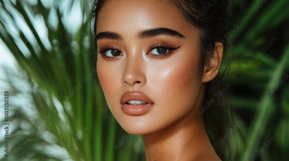 Thai model wearing minimal makeup with a natural glow and subtle eyeliner on a tropical background modern beauty Thai model wearing minimal makeup with a natural glow and subtle eyeliner on a tropical background modern beauty