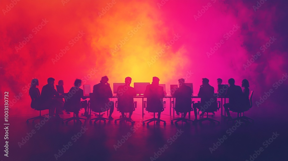 Innovative Business Professionals Discussing Digital Transformation in Modern Conference Room - Watercolor Illustration with Text Space Innovative Business Professionals Discussing Digital Transformation in Modern Conference Room - Watercolor Illustration with Text Space
