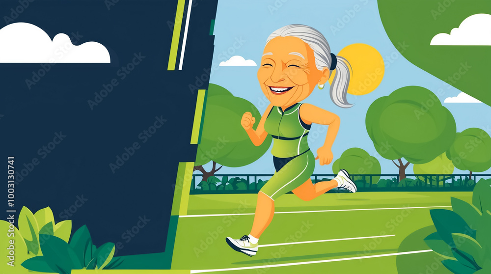 Fototapeta premium Cartoon active elderly woman jogging in the park in summer , flat design illustration