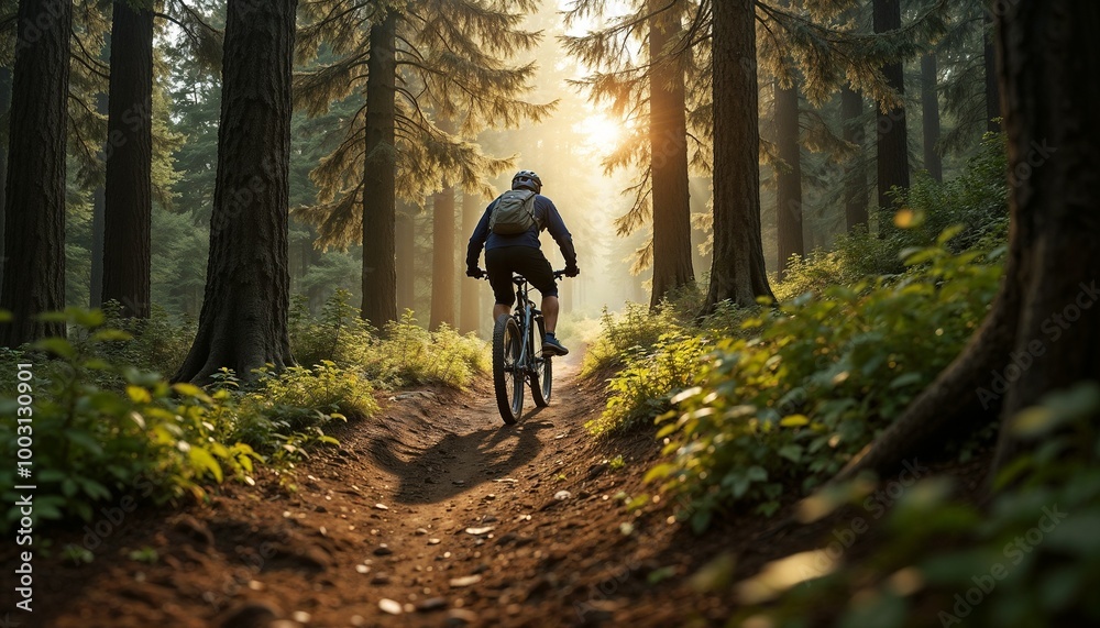 Obraz premium Solitary mountain biker navigating a winding forest trail with dappled sunlight 