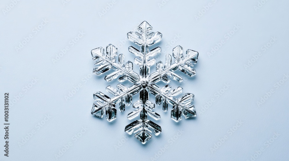 Ultra-clear snowflake with sharp diamond-like branches, isolated on a cold, faded blue-gray background Ultra-clear snowflake with sharp diamond-like branches, isolated on a cold, faded blue-gray background