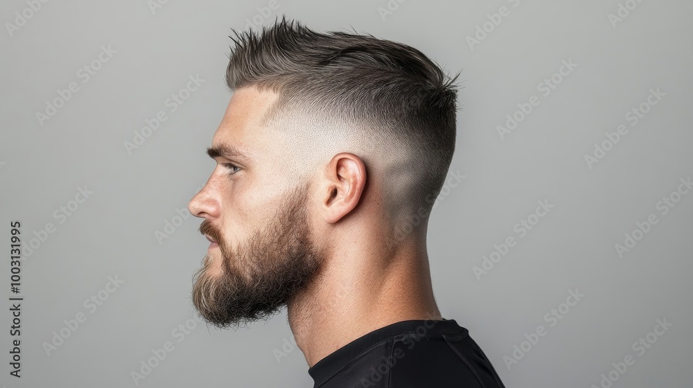 Naklejka premium Stylish Men's Fade Haircut with Beard Profile View
