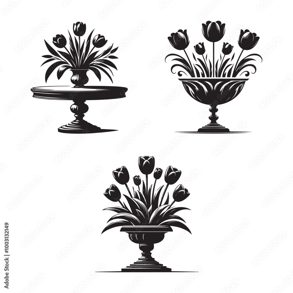 Tulip Table Silhouette Vector Set, Black and White Tulip Table Silhouette Tulip Table Silhouette Vector Set, Black and White Tulip Table Silhouette