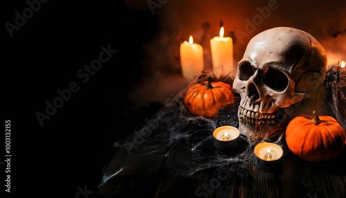 A skull and candles with pumpkins in a spooky Halloween setting.