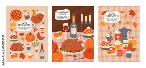 Set Thanksgiving day greeting card. Harvest festive elements, family dinner or lunch. Hand drawn template design. Vector flat illustration for holiday print, poster, banner, ads, cover.