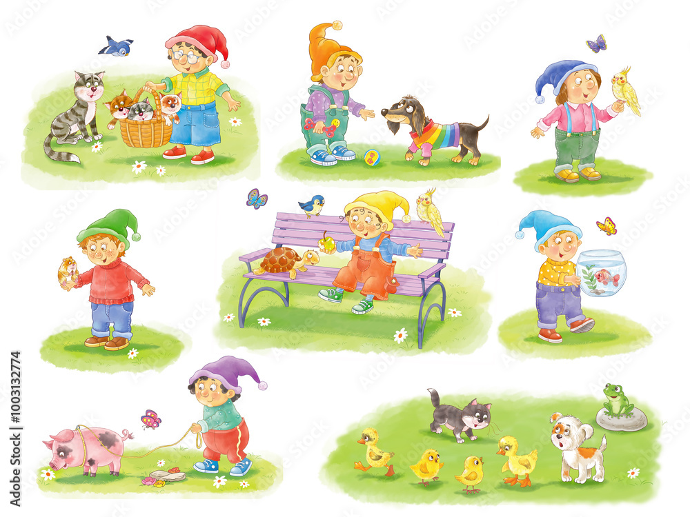 Seven cute and funny gnomes with their favorite pets. Cat, kittens, dog, piglet, tortoise, parrot and fish. Illustration for children. Poster. Character design. Cute and funny cartoon characters Seven cute and funny gnomes with their favorite pets. Cat, kittens, dog, piglet, tortoise, parrot and fish. Illustration for children. Poster. Character design. Cute and funny cartoon characters