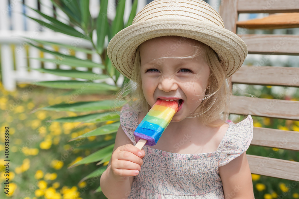 Happy little girl bites ice cream popsicle at summer time Happy little girl bites ice cream popsicle at summer time