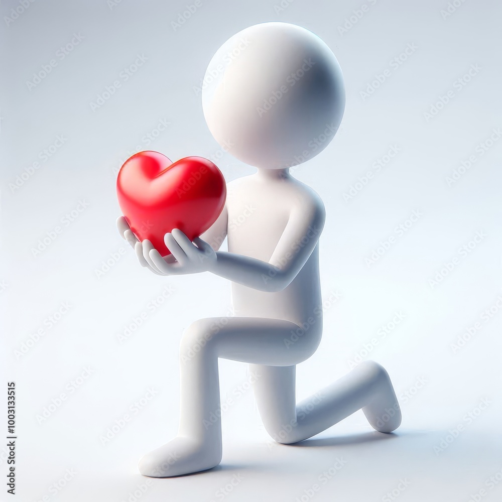 A 3D man kneels while holding a red heart, symbolizing love, care, and affection A 3D man kneels while holding a red heart, symbolizing love, care, and affection