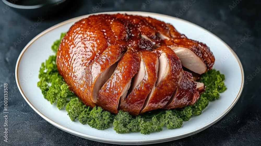 A close up of a roast chicken on top of greens, AI A close up of a roast chicken on top of greens, AI