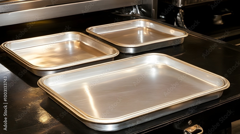 three metal baking trays placed on a dark surface, likely a countertop or a stovetop. The trays are rectangular with slightly raised edges. They appear to be made of stainless steel and are arranged three metal baking trays placed on a dark surface, likely a countertop or a stovetop. The trays are rectangular with slightly raised edges. They appear to be made of stainless steel and are arranged