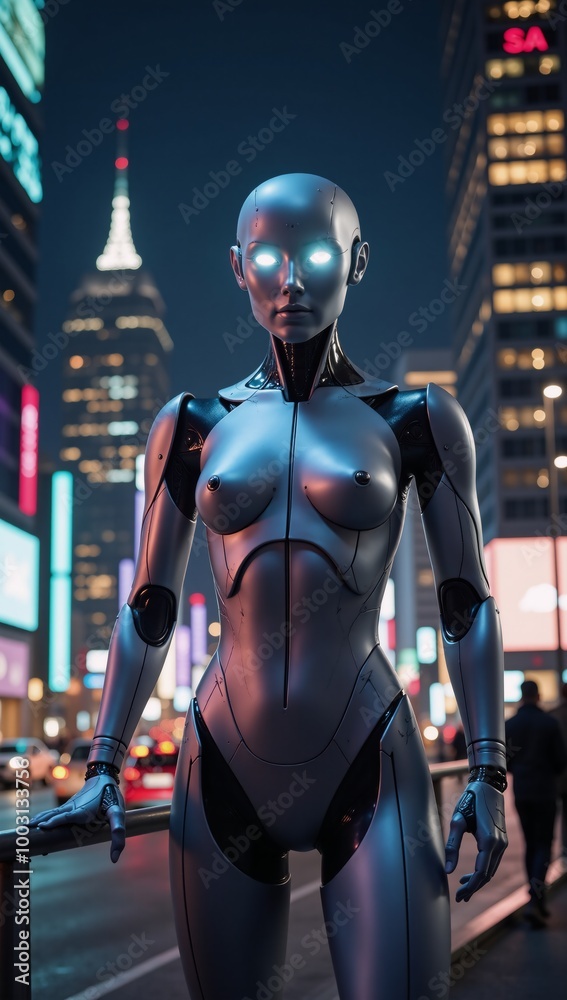 A modern cityscape is illuminated by neon lights as a futuristic robot assistant with glowing eyes makes its presence known A modern cityscape is illuminated by neon lights as a futuristic robot assistant with glowing eyes makes its presence known