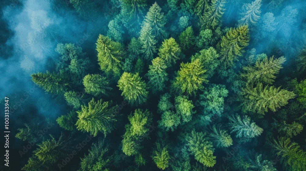 Obraz premium A captivating aerial perspective reveals a dense forest blanketed in mist, with vibrant green trees standing tall, depicting the serenity of nature at dawn