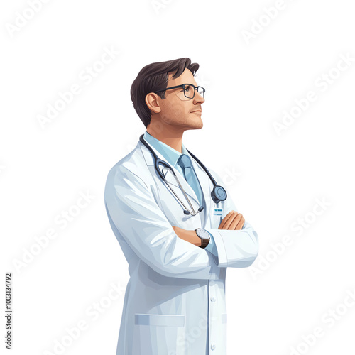 Confident doctor in white coat with stethoscope, isolated on white background. transparent background