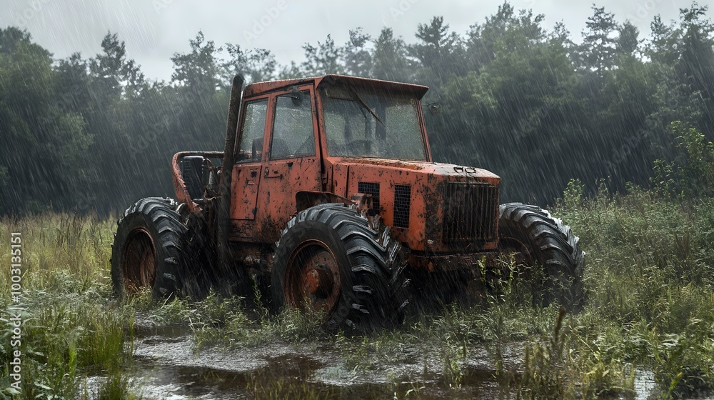 an old, rusty red tractor sitting in a field during a rainstorm. The tractor appears to be weathered and unused, with large, muddy tires. It is surrounded by tall grass and puddles of water, indicatin