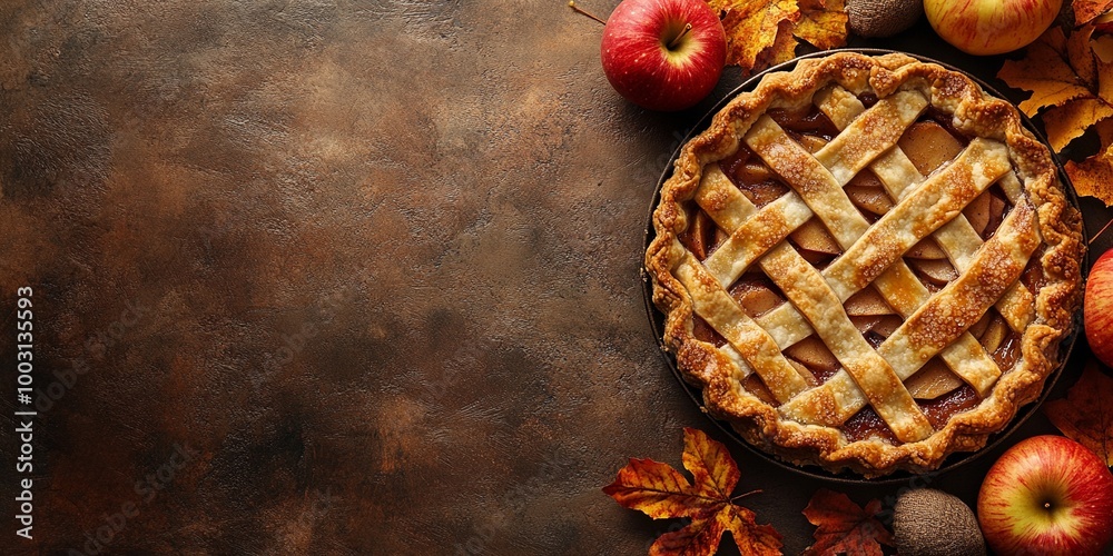 Traditional apple pie with a lattice crust, surrounded by autumn leaves and apples, perfect for fall baking, Thanksgiving promotions, and cozy seasonal imagery, copy space on vintage background Traditional apple pie with a lattice crust, surrounded by autumn leaves and apples, perfect for fall baking, Thanksgiving promotions, and cozy seasonal imagery, copy space on vintage background
