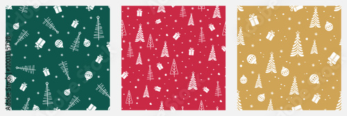 Christmas Trees seamless patterns set. White Doodle outline Pine Fir Spruce on green red yellow Background. Winter landscape snowing forest. Pattern for packaging wallpaper textile scrapbooking