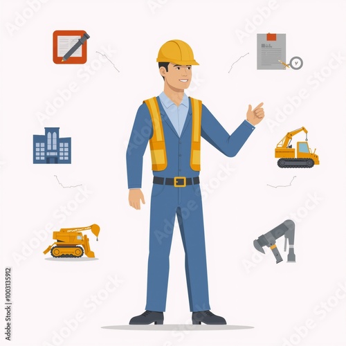 A construction worker-themed illustration featuring flat-design elements