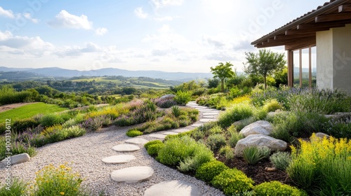 Serene Garden Pathway with Scenic Mountain View