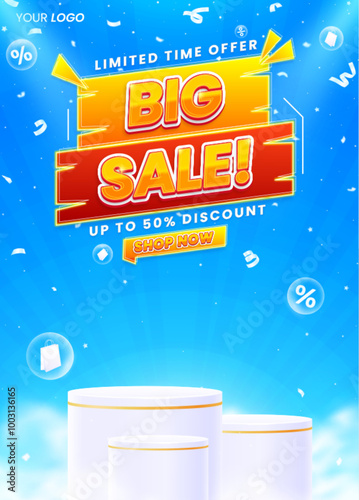 Realistic colorful big sale vertical poster flyer design template with podium