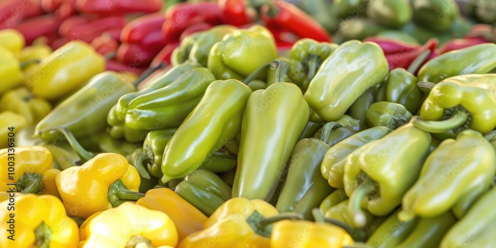 An array of vibrant, tangy green peppers displayed at a marketplace, highlighting different sizes and shapes. An array of vibrant, tangy green peppers displayed at a marketplace, highlighting different sizes and shapes.